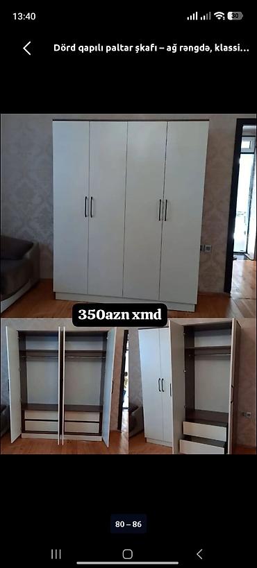 paltar dolablar: Dörd qapılı paltar şkafı – ağ rəngdə, klassik dizayn. - Rəng: ağ — 1
