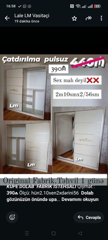 Sifarişlə divanlar: _*KUPE DOLAB*_ _*FABRİK İSTEHSALI*_ Qiymət : *390₼* Ölçü