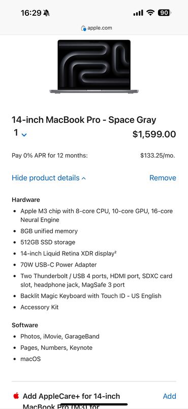 macbook m2 pro: Ноутбук, Apple, 8 ГБ ОЭТ, 14 ", Жаңы, Татаал эмес тапшырмалар үчүн, эс тутум SSD
