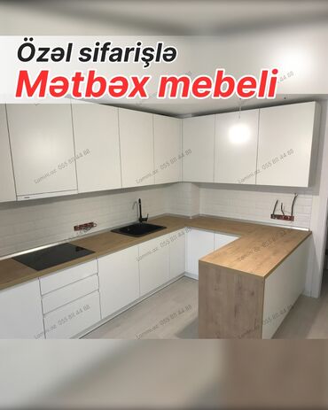 mdf metbex mebelleri: Özəl sifarişlə hazırlanmış müasir mətbəx mebeli - Dizayn: L formalı