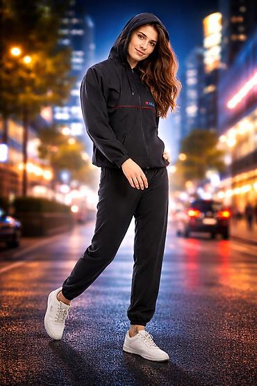 Kişi geyimləri: Unisex idman dəsti – qara rəng - Komplekt: kapüşonlu yüngül — 2