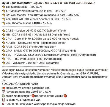 Masaüstü kompüterlər və iş stansiyaları: Oyun üçün Kompüter "Legion Core i5 3470 GT730 2GB 256GB NVME” ⭐Tək — 2