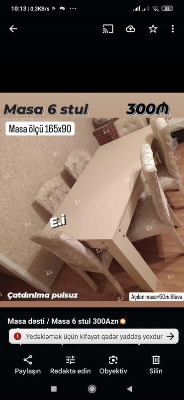 Masa və oturacaq dəstləri: Qonaq otağı üçün, Yeni, Açılmayan, Dördbucaq masa, 6 stul — 20