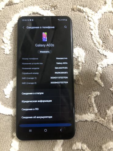 телефоны 900: Samsung Galaxy A03s, Колдонулган, 64 ГБ, түсү - Кара, 2 SIM