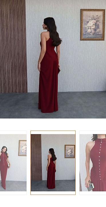 ziyafet paltarı: Bordo rəngli uzun ziyafət/libas - Model: Yaxası bağlı, qoltuqsuz — 2