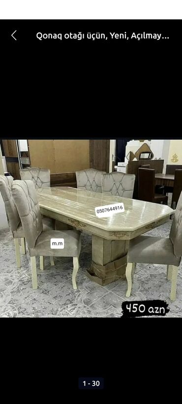 Masa və oturacaq dəstləri: Qonaq otağı üçün, Yeni, Açılmayan, Dördbucaq masa, 6 stul — 30