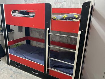 детские 2 х ярусные кровати: Двухъярусная детская кровать, ЛДСП, цвет - Красный