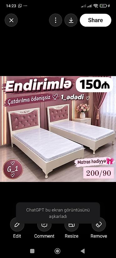 Çarpayılar: G_1 model tək nəfərlik çarpayı - Ölçü: 200 x 90 sm - Yumşaq başlıq — 1