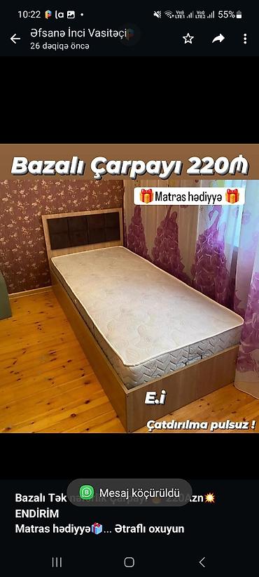 Мебель: *Bazalı Tək nəfərlik Çarpayı 🔥 220Azn💥 ENDİRİM* *Matras hədiyyə🎁* — 1