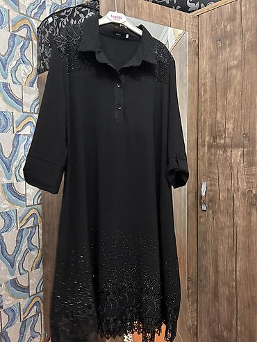 don modelləri: Qara rəngli zərif tunika/plaş-stil köynək-don - Model: A-kəsim — 2