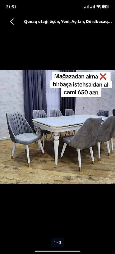 2 ci el taxt: Qonaq otağı üçün, Yeni, Açılan, Dördbucaq masa, 6 stul — 1