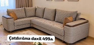 Divan satılır – künc modeli, yumşaq toxumalı boz-bej parçalı üzlük