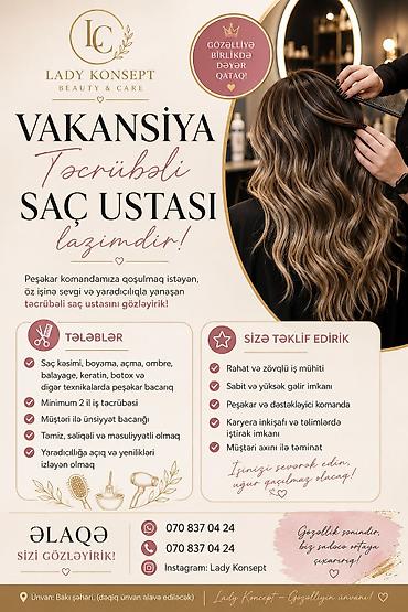 Qadın saç ustası tələb olunur, Faiz, 1-2 illik təcrübə, Təlim