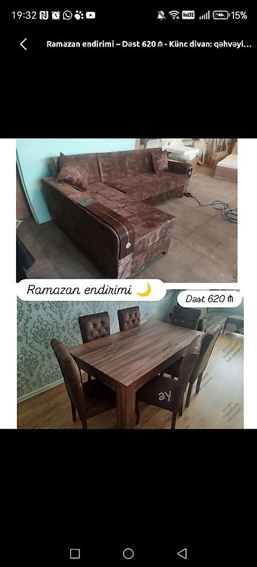 arkalar: Künc divan + Masa və 6 stul dəsti - Qonaq otağı üçün uyğun tam dəst — 3