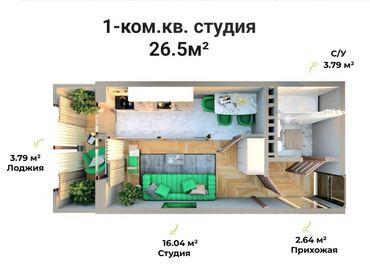 васток 5 квартира: 1 комната, 26 м², 6 этаж, ПСО (под самоотделку)