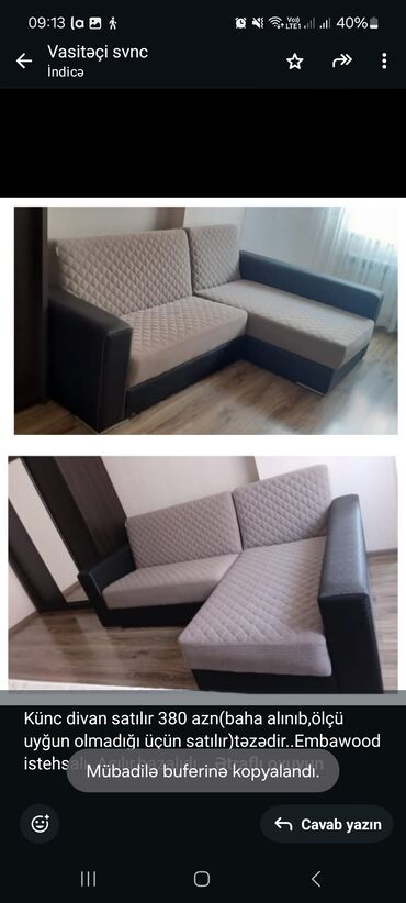 Mətbəx mebeli: Künc divan, Yeni, Açılan, Bazalı, Çatdırılma yoxdur