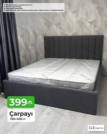 set mebel: Çarpayı – 160×200 sm - Dərin boz rəngdə, parça örtüklü başlıq və baza — 1