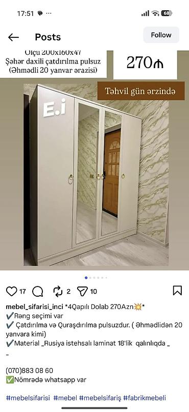 4 qapılı paltar dolabı - Ölçü: 200 x 160 x 47 sm - Rəng seçimi