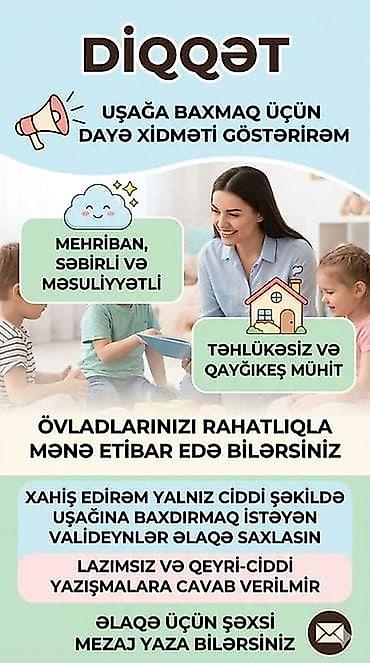 daye xirdalan: Uşağa baxmaq üçün dayə xidməti adres: sabuncu rayonu sabuncu qesebesi — 1