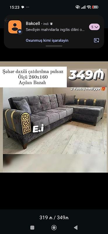 Künc divan – açılan, bazalı model - Ölçü: 260 x 160 sm - Şəhər daxili