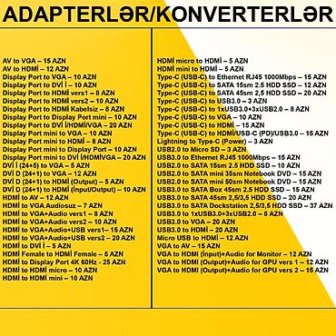 display: Adapterlər/Konverterlər (Çeviricilər) ⭐AV to VGA – 15 AZN ⭐AV to HDMİ — 2
