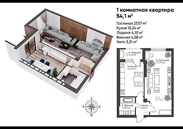 кфартира: 1 комната, 54 м², Кок-Жар ж/м Элитка, 10 этаж, ПСО (под самоотделку) — 2