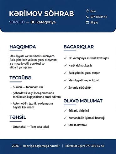 Şəxsi sürücülər: Sürücü — BC kateqoriya Haqqımda - Məsuliyyətli və təcrübəli — 1