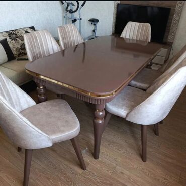 Masa və oturacaq dəstləri: Qonaq otağı üçün, Yeni, Açılan, Dördbucaq masa, 6 stul — 6
