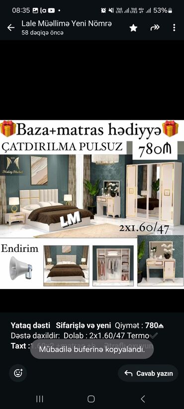 konforto mebel: *Yataq dəsti* *Sifarişlə və yeni* Qiymət : *780₼* Dəstə daxildir