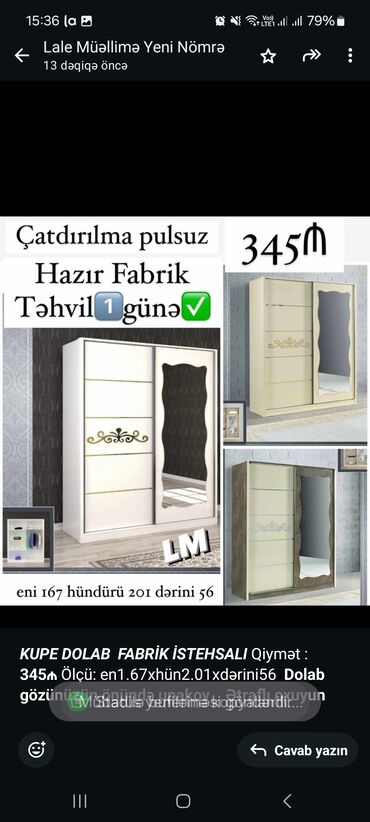 paltar dolabi satilir: _*KUPE DOLAB*_ _*FABRİK İSTEHSALI*_ Qiymət : *345₼* Ölçü