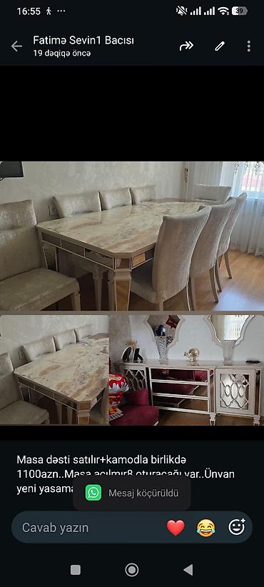 Masa dəsti satılır+kamodla birlikdə 1100azn. Masa açılmır8 oturacağı