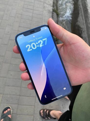 ноут 20: IPhone 12, Б/у, 64 ГБ, Голубой, Зарядное устройство, Защитное стекло, Чехол, 75 %
