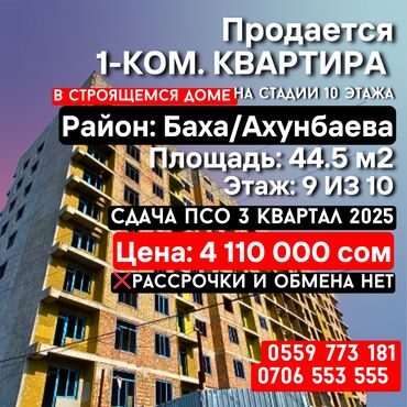 жилой комплекс фрунзе: 1 бөлмө, 45 кв. м, Элитка, 9 кабат, ПСО (өзү оңдоп түзөтүп бүтүү үчүн)