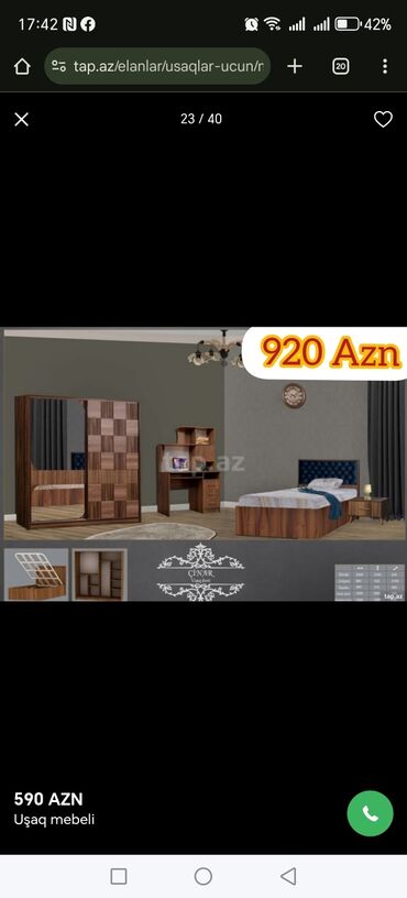 Uşaq və gənc otağı üçün dəstlər: Oğlan və qız üçün, Təknəfərlik çarpayı, Yazı masası — 16