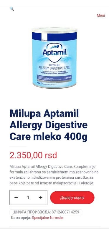 Ostali medicinski proizvodi: Aptamil alergy digestive care,na stanju 4 kutije,cena 800din.za bg