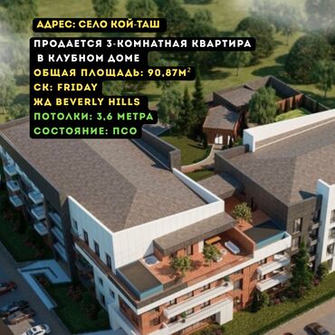 элитный дом ош: 3 комнаты, 90 м², Элитка, 3 этаж, ПСО (под самоотделку)