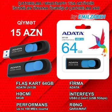 Digər kompüter aksesuarları: Flash kart ADATA, 64 GB, USB 3.1, Yeni