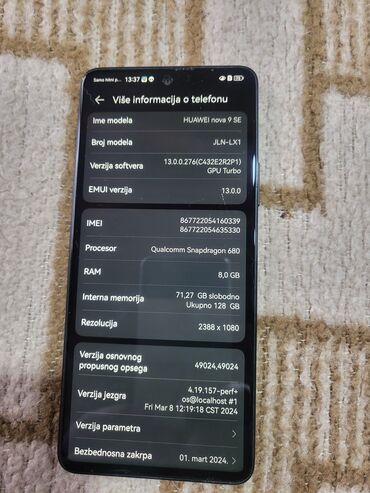 dimenzijep o: Huawei Nova 9 SE, 8 GB, bоја - Srebrna, Otisak prsta
