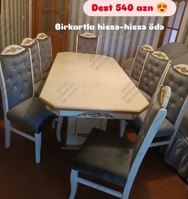 Masa və oturacaq dəstləri: Qonaq otağı üçün, Yeni, Açılmayan, Dördbucaq masa, 6 stul — 13