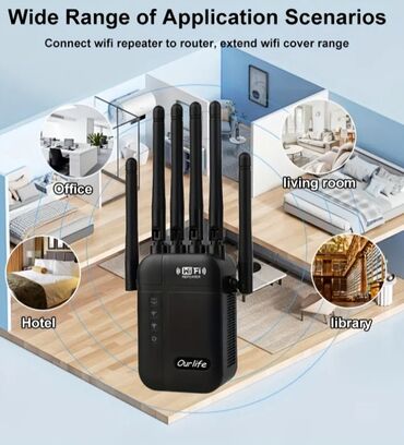 Modemi, ruteri i mrežni uređaji: Wi‑Fi 6 repetitor/ekstender sa 6 antena – Ourlife, u crnoj i beloj — 3