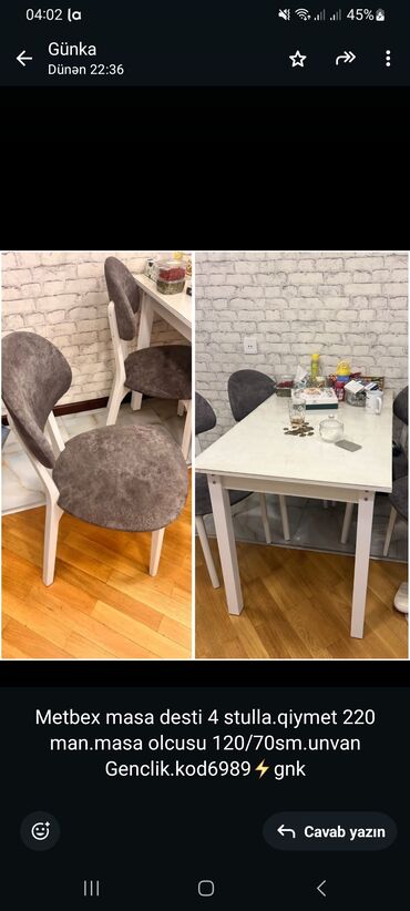 quxna ustolu: Metbex masa desti 4 stulla.qiymet 220 man.masa olcusu 120/70sm.unvan