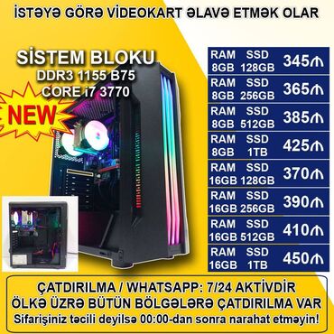 Masaüstü kompüterlər və iş stansiyaları: Sistem Bloku "RGB DDR3 1155 B75/Core i7 3770/8-16GB Ram/SSD" Ofis üçün