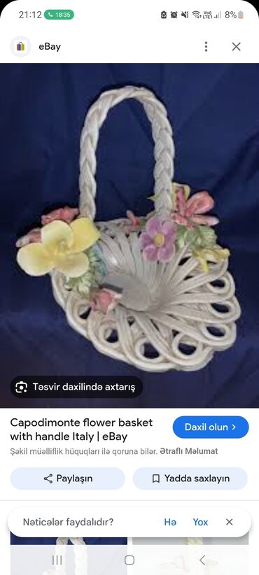 Çaydanlar və qəhvədanlar: Məhsul: Kapodimonte üslubunda saplaqlı dekorativ porselen səbət