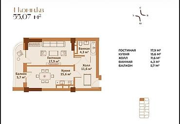 квартиры 8 мкр: 1 комната, 55 м², 8 мкр Элитка, 3 этаж, ПСО (под самоотделку) — 1