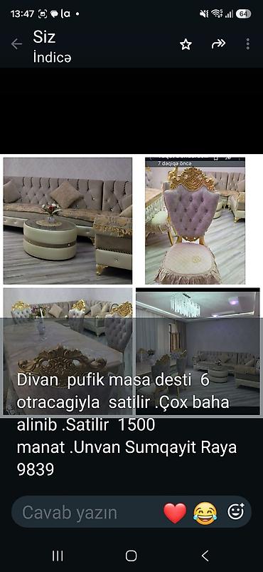 mebel qonaq desti: Dəst: divan, pufik və masa dəsti, 6 oturacağı ilə. Təsvir: - Klassik — 1