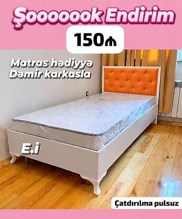 Tək nəfərlik çarpayı – dəmir karkasla. - Başlıq: narıncı rəngli