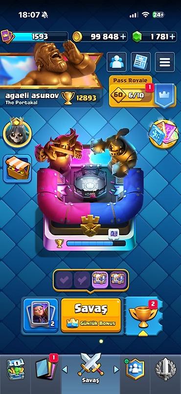 Clash Royale hesabı - Kasa: 99 848 qızıl, 1 781 daş - Kupa: 12 893 -