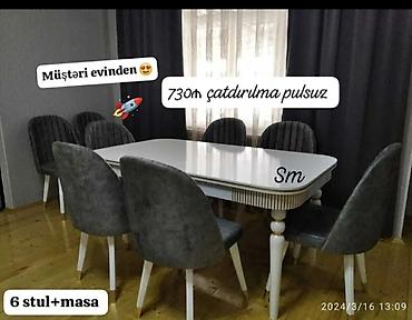 perde ucuz: Qonaq otağı üçün, Yeni, Açılmayan, Dördbucaq masa, 6 stul — 1