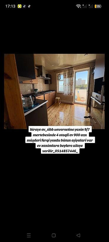 Kiraye ev_tibb unversetine yaxin 9/7 mertebesinde 4 otaqli ev 900 azn
