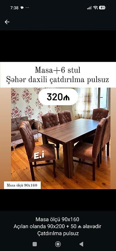 Masa + 6 stul dəsti - Masa ölçüsü: 90x160 sm - Açılan halda: 90x200